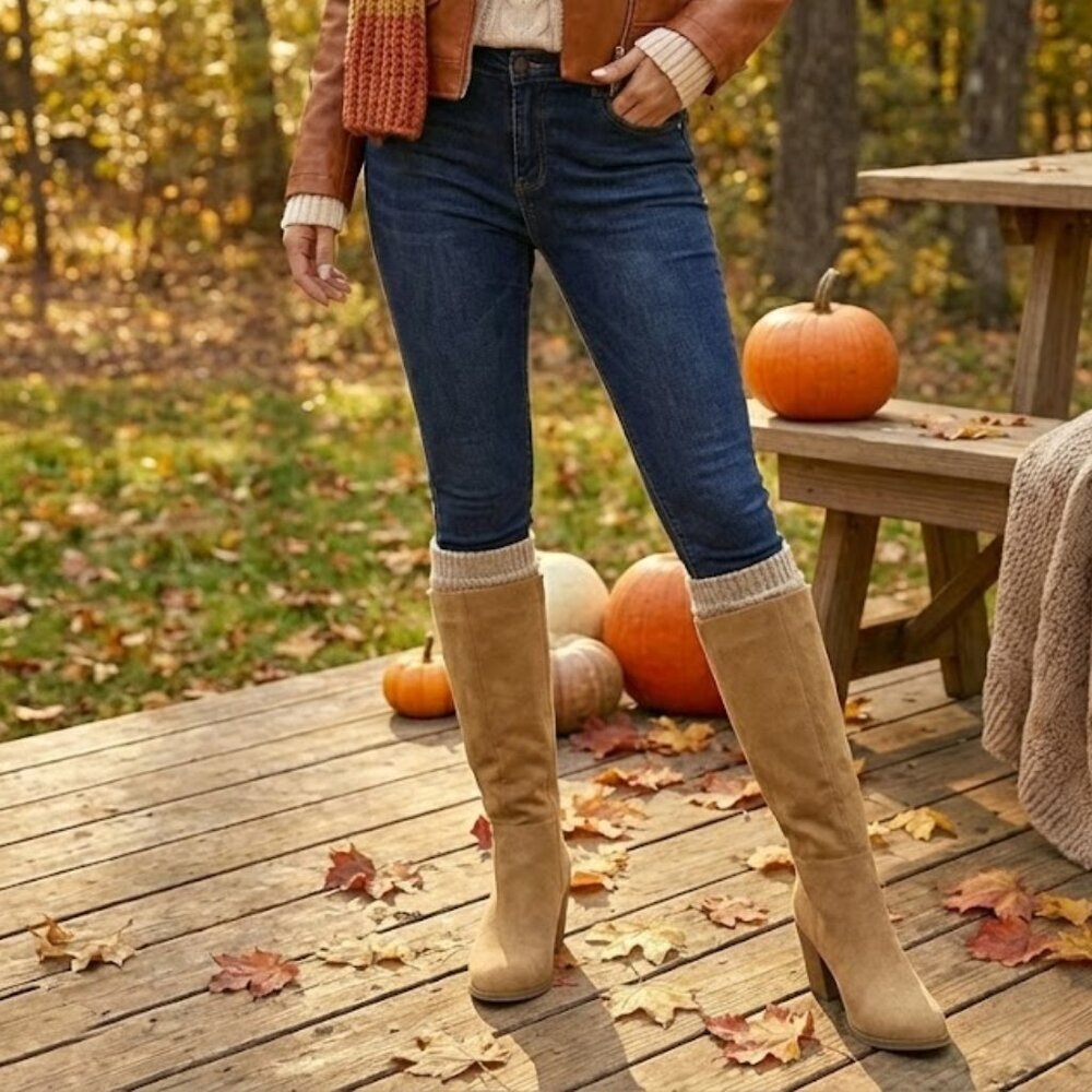 NWT SODA Camel Tan Faux Suede Knee High Boots 3.5" Block Heel Pointed Toe - Picture 2 of 6
